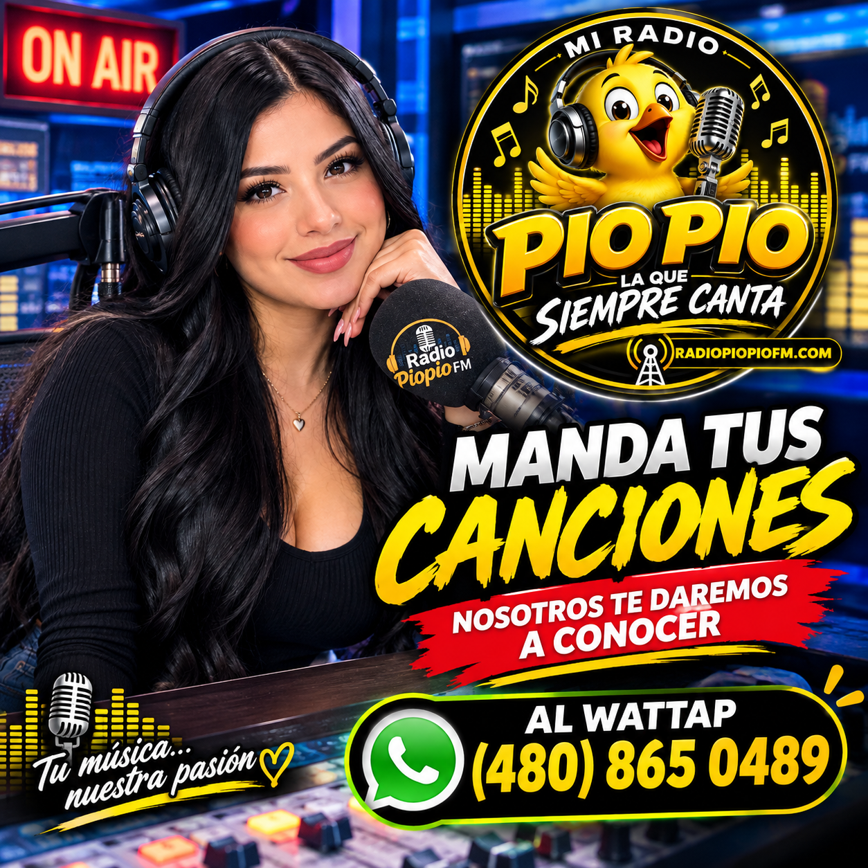 Manda tus canciones — Radio Pío Pío FM al WhatsApp (480) 865-0489